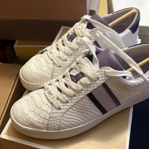 Fabulous pre-loved white and lavender snake skin MK sneakers
